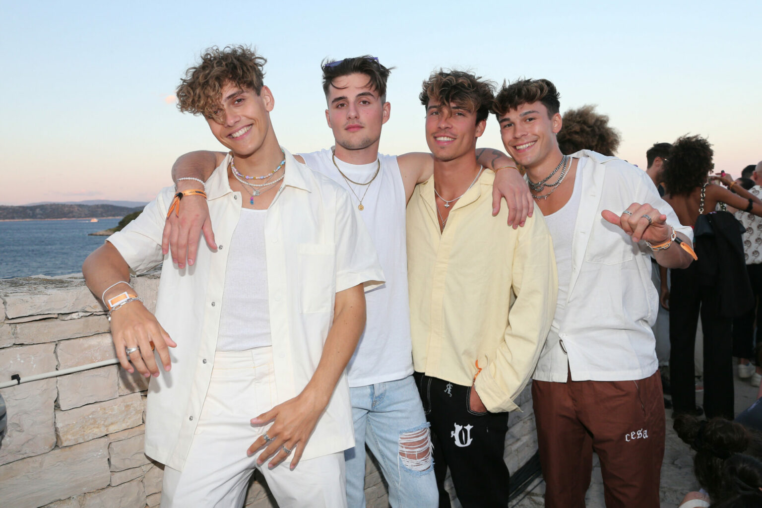 OBONJAN, CROATIA - JUNE 11:  Elevator boys Bene, Luis Freitag, Tim Schaecker, Julien Brown during the CRO x ABOUT YOU concert „Smiles Island“  on June 11, 2022 in Obonjan, Croatia. (Photo by G.Schober/Getty Images/PR for ABOUT YOU)